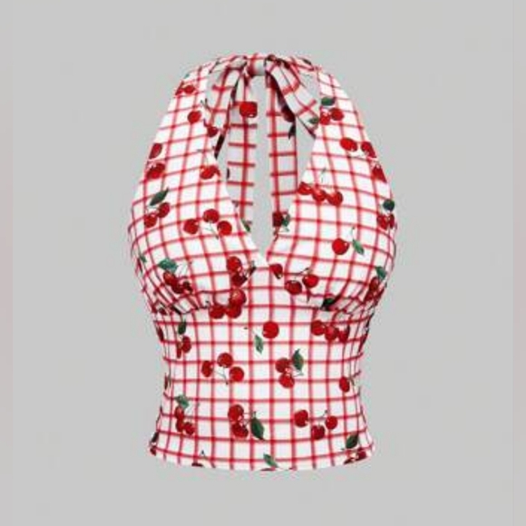 ROMWE Tops - ROMWE Red and White Checkered Cherry Crop Top